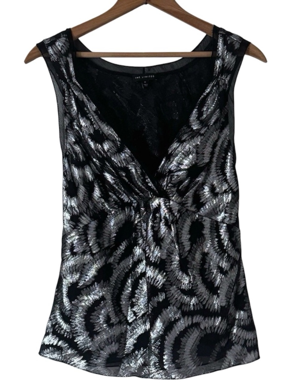 Vintage Limited Y2K Silk Babydoll Top Medium Black Silver Sheer Evening Metallic